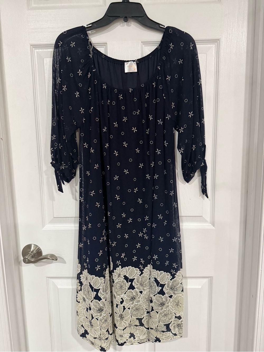 Navy Floral Border Midi Dress with Tie Sleeves